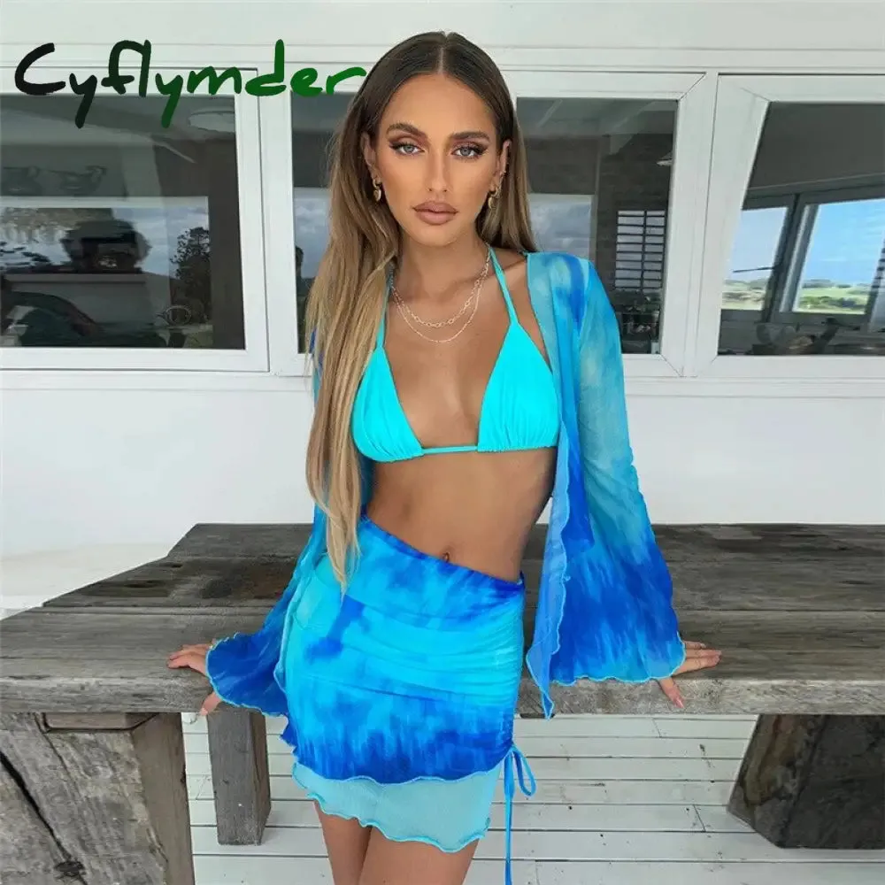 Cyflymder Summer Mesh Long Sleeve Crop Top Mini Skirts Two Piece Holiday Matching Set Print Fashion Outfits See Through Y2K Bodycon Skirt