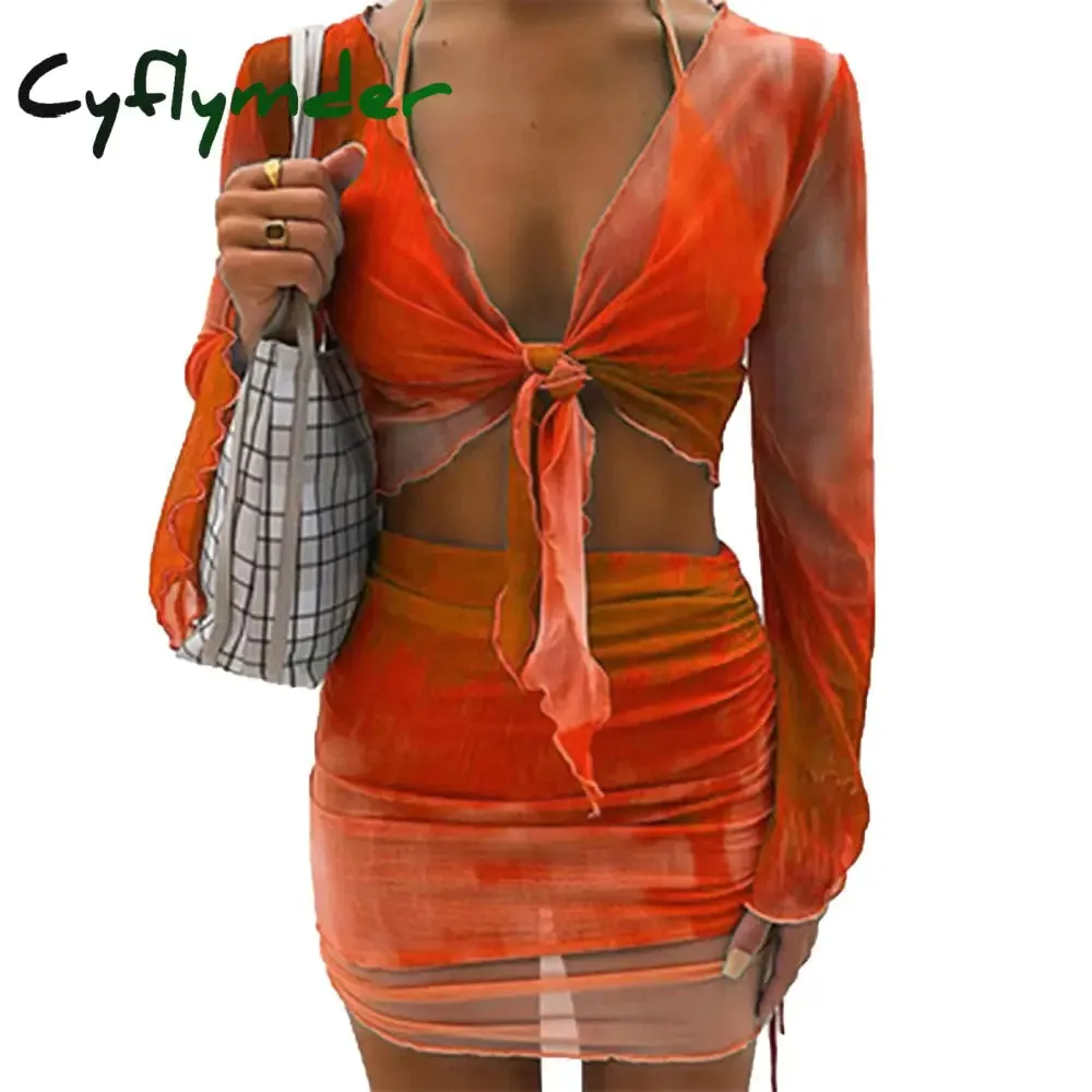 Cyflymder Summer Mesh Long Sleeve Crop Top Mini Skirts Two Piece Holiday Matching Set Print Fashion Outfits See Through Y2K Bodycon Skirt