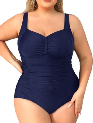 Daci Women Plus Size One Piece Swimsuits Tummy Control Vintage Ruched Bathing Suits Retro Swimwear