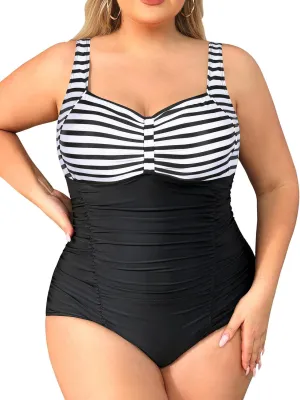 Daci Women Plus Size One Piece Swimsuits Tummy Control Vintage Ruched Bathing Suits Retro Swimwear