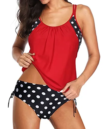Deep Cut Sides Blouson Tankini Swimsuits For Women-Black Dot