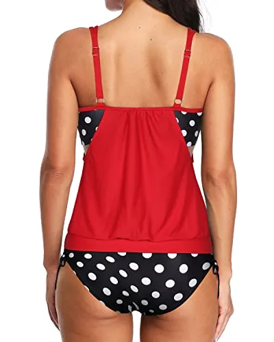 Deep Cut Sides Blouson Tankini Swimsuits For Women-Black Dot
