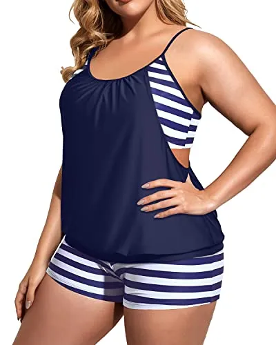 Deep Cut Tankini Set With Push Up Top And Boyshorts For Plus Size Women-Blue Stripe