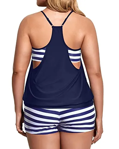 Deep Cut Tankini Set With Push Up Top And Boyshorts For Plus Size Women-Blue Stripe