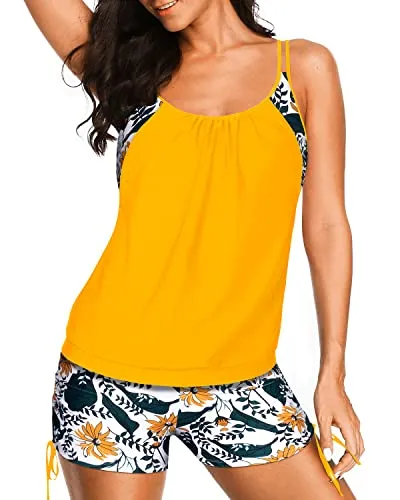 Deep Cut Tankini Swimsuits Two Piece Tummy Control Bathing Suits-Yellow Floral