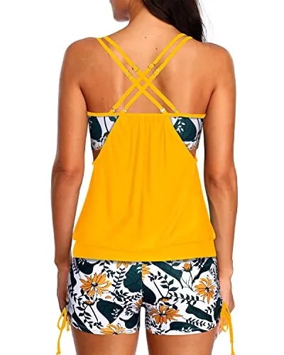 Deep Cut Tankini Swimsuits Two Piece Tummy Control Bathing Suits-Yellow Floral
