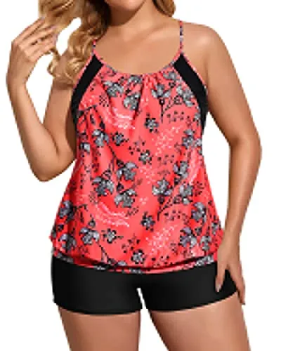 Deep Cut Two Piece Tankini Swimsuits With Boyshorts For Plus Size Women-Pink Leaf And Black