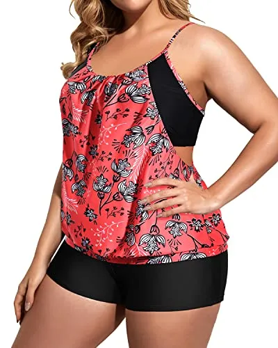 Deep Cut Two Piece Tankini Swimsuits With Boyshorts For Plus Size Women-Pink Leaf And Black
