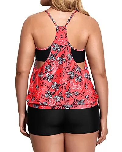 Deep Cut Two Piece Tankini Swimsuits With Boyshorts For Plus Size Women-Pink Leaf And Black