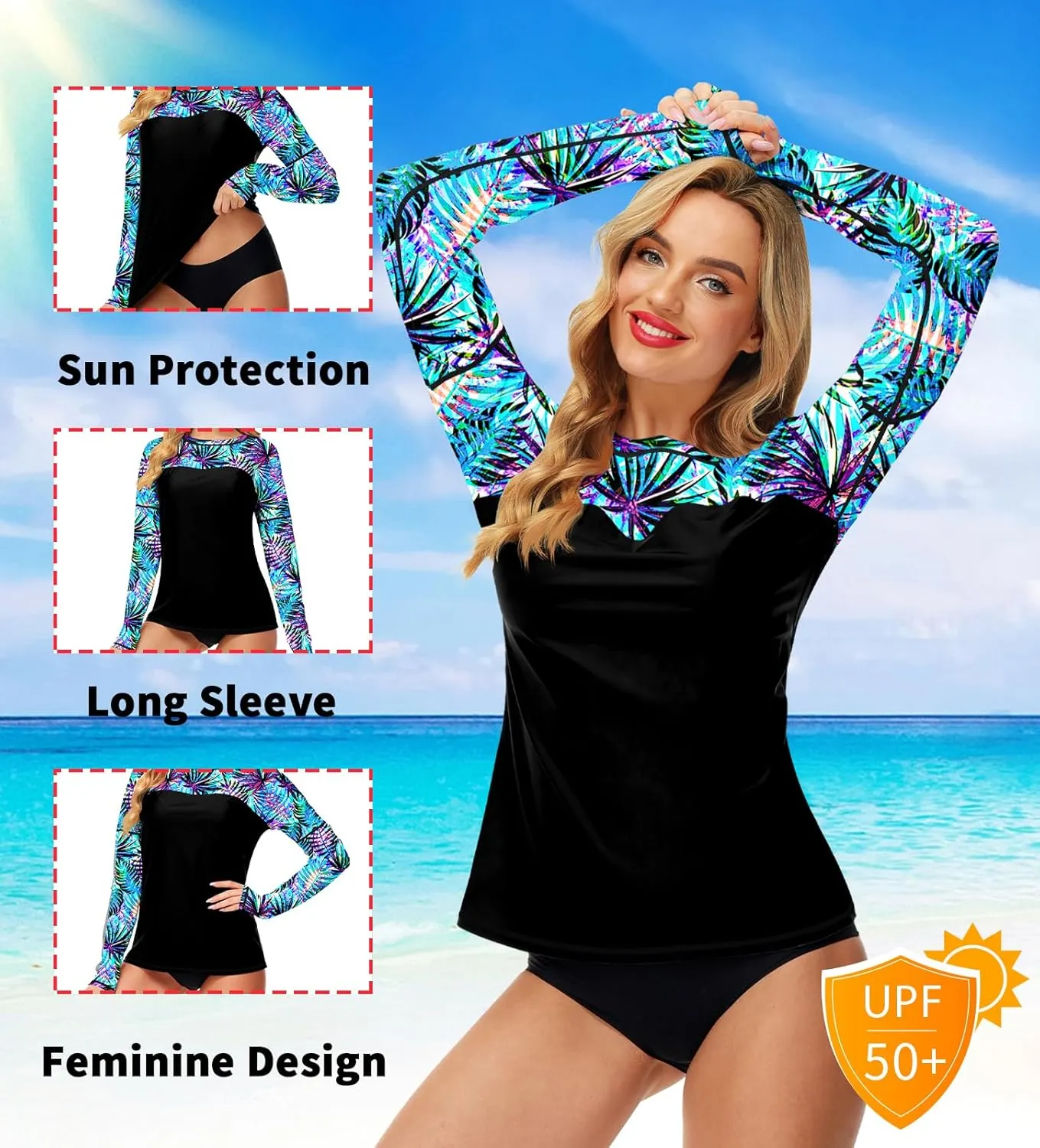 Deerose Womens Rash Guard Long Sleeve Sun Protection Shirts for Swimming