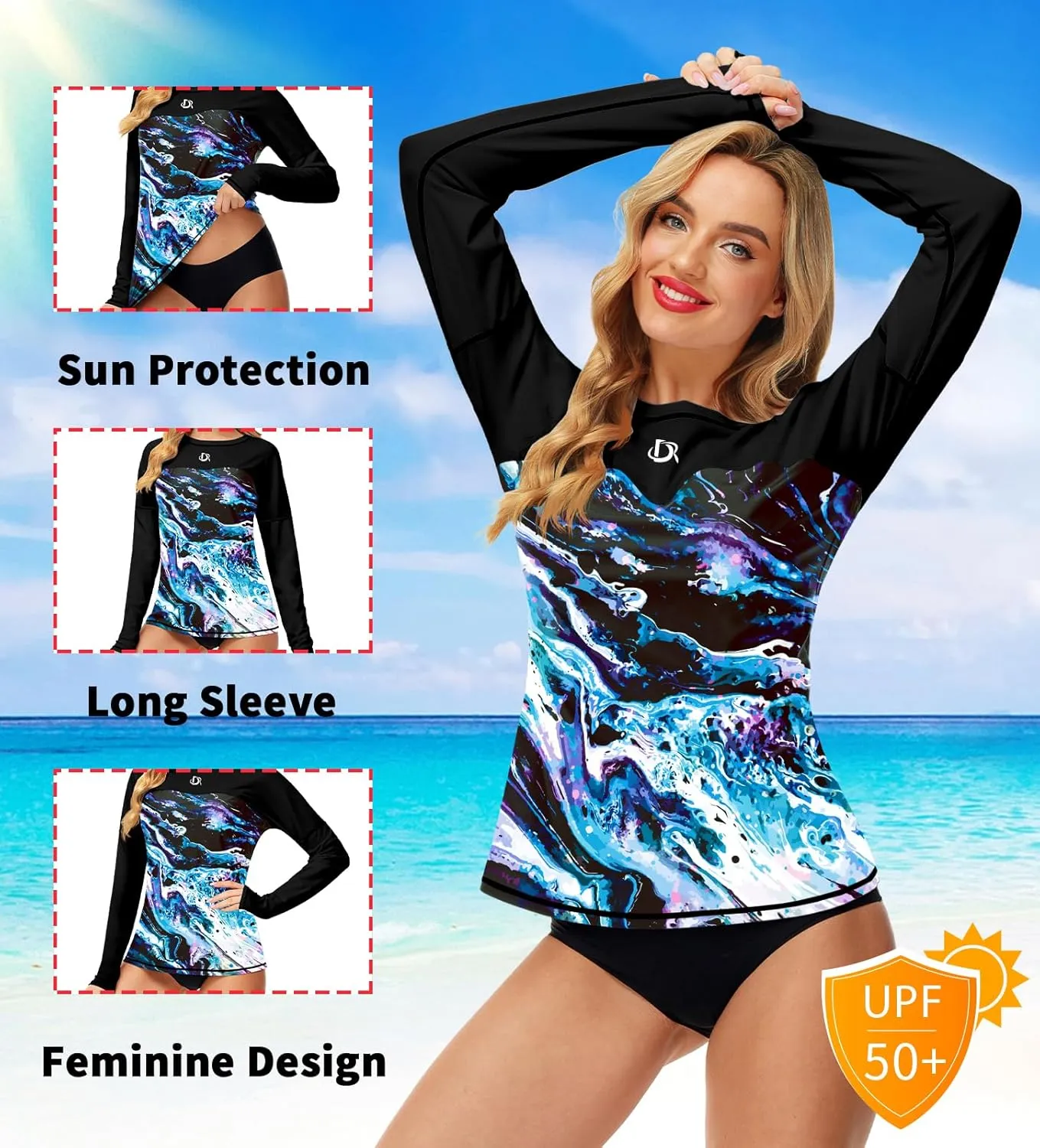 Deerose Womens Rash Guard Long Sleeve Sun Protection Shirts for Swimming