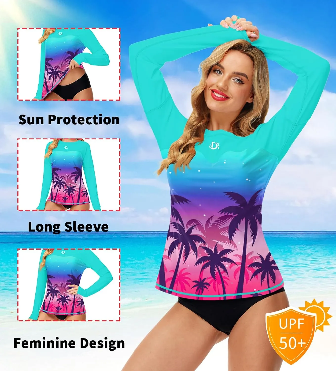 Deerose Womens Rash Guard Long Sleeve Sun Protection Shirts for Swimming