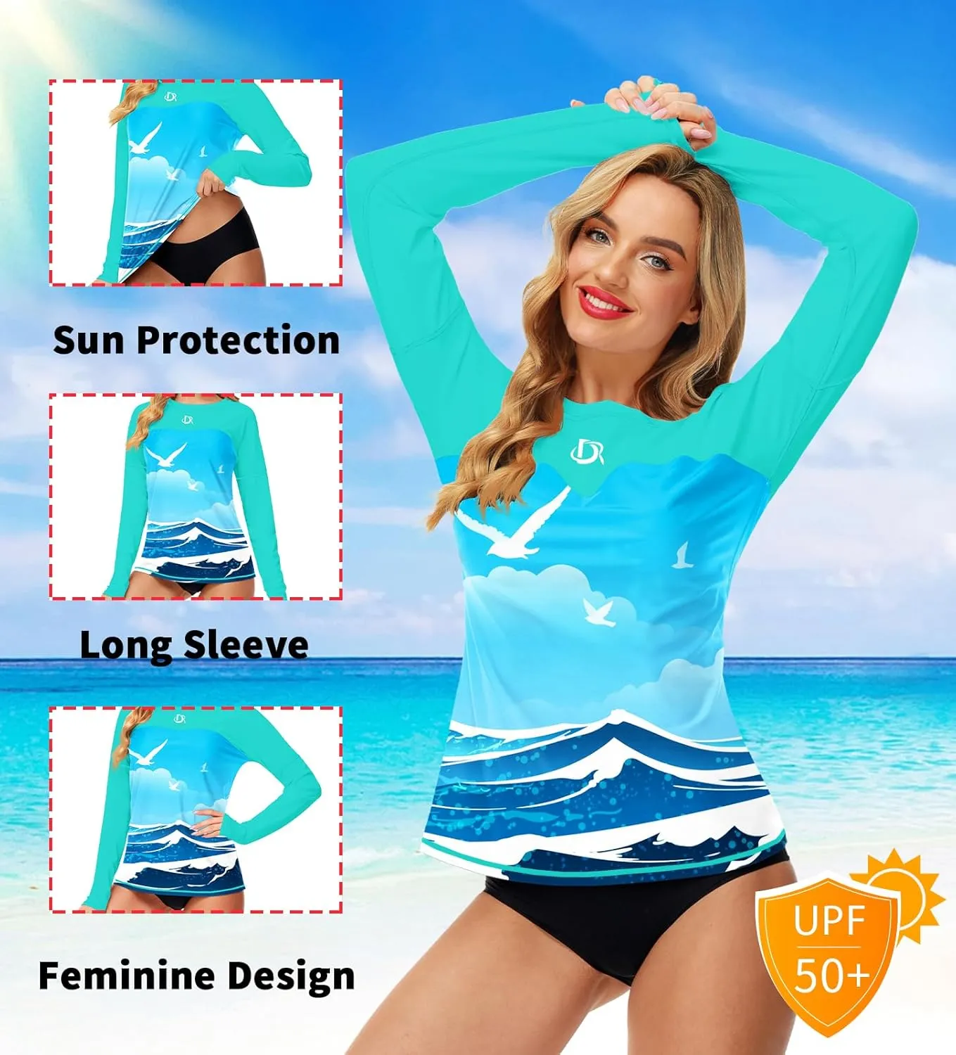 Deerose Womens Rash Guard Long Sleeve Sun Protection Shirts for Swimming