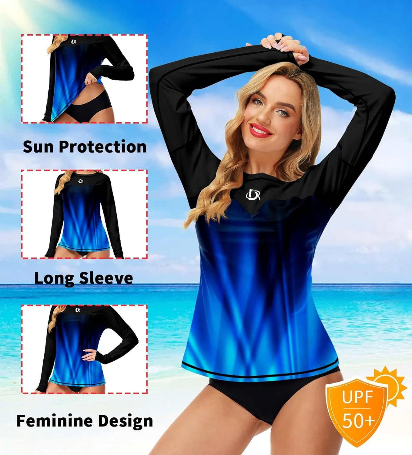 Deerose Womens Rash Guard Long Sleeve Sun Protection Shirts for Swimming