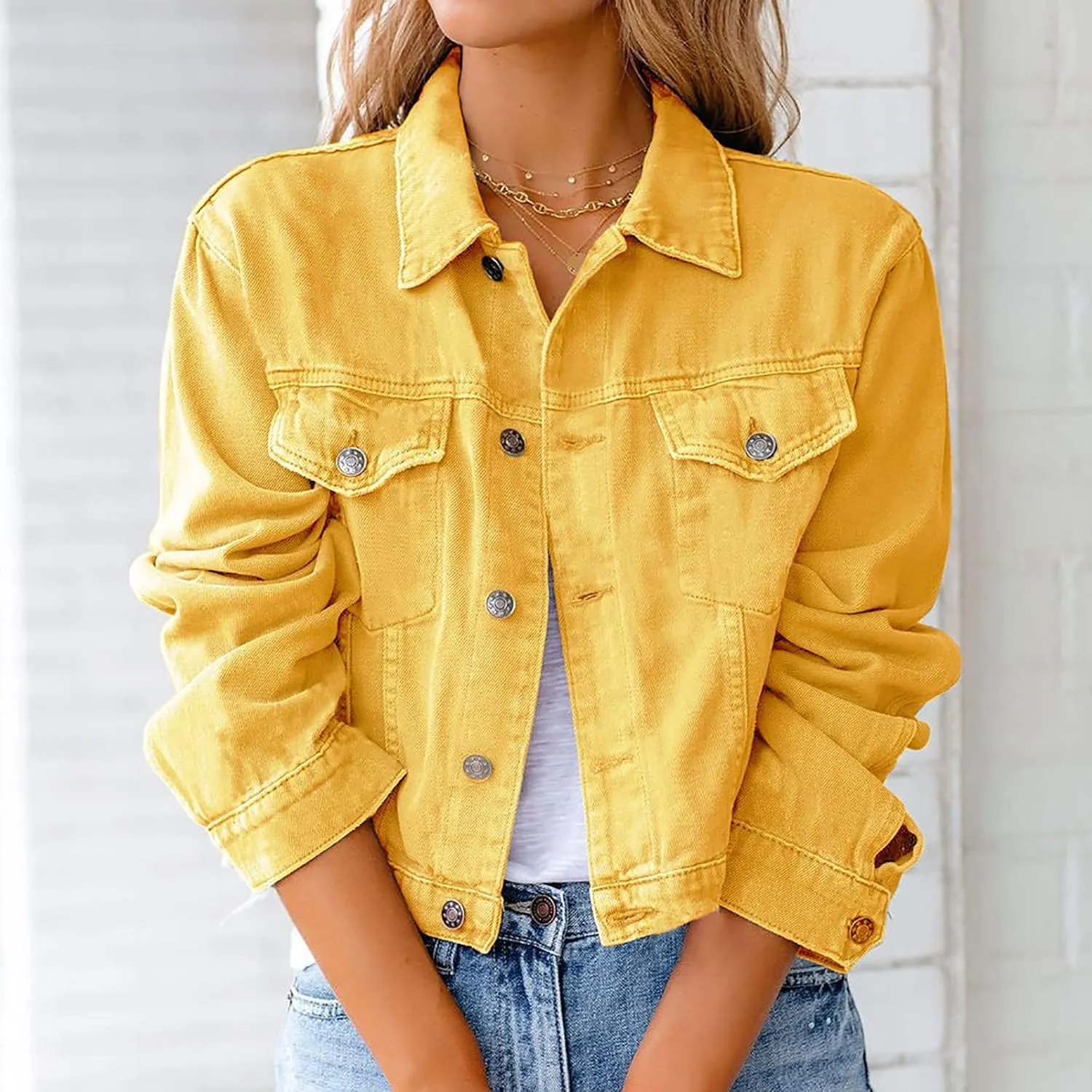 Denim Jacket for Women Plus Size Basic Button Down Casual Long Sleeve Trucker Jacket Cropped Jean Coat