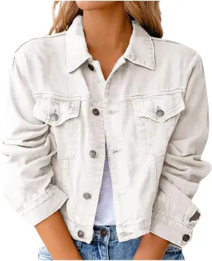 Denim Jacket for Women Plus Size Basic Button Down Casual Long Sleeve Trucker Jacket Cropped Jean Coat