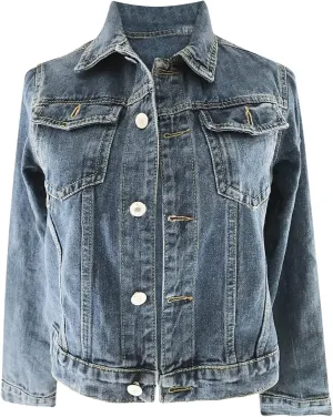 Denim Jacket for Women Plus Size Basic Button Down Casual Long Sleeve Trucker Jacket Cropped Jean Coat