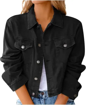 Denim Jacket for Women Plus Size Basic Button Down Casual Long Sleeve Trucker Jacket Cropped Jean Coat