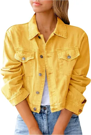Denim Jacket for Women Plus Size Basic Button Down Casual Long Sleeve Trucker Jacket Cropped Jean Coat