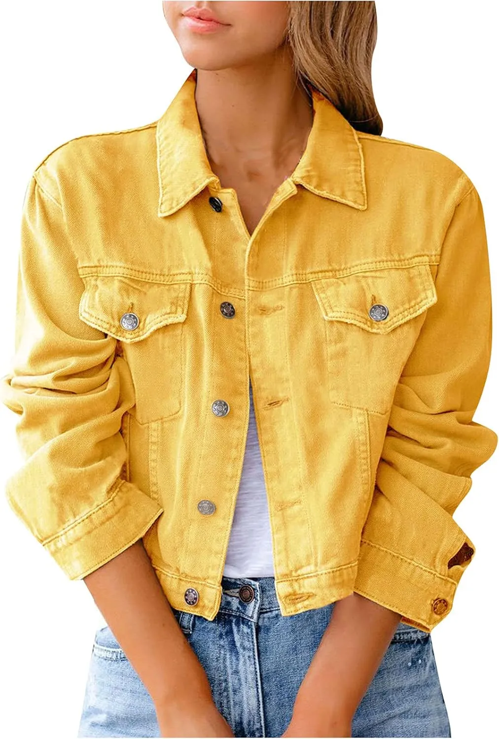 Denim Jacket for Women Plus Size Basic Button Down Casual Long Sleeve Trucker Jacket Cropped Jean Coat