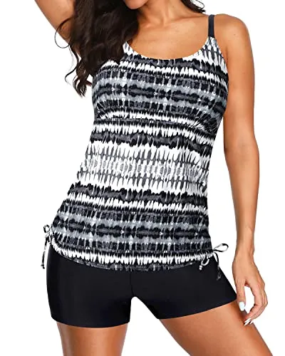 Drawstring Tie Side Swimwear Female Tankini Boyleg Bottom-Black And White Tribal