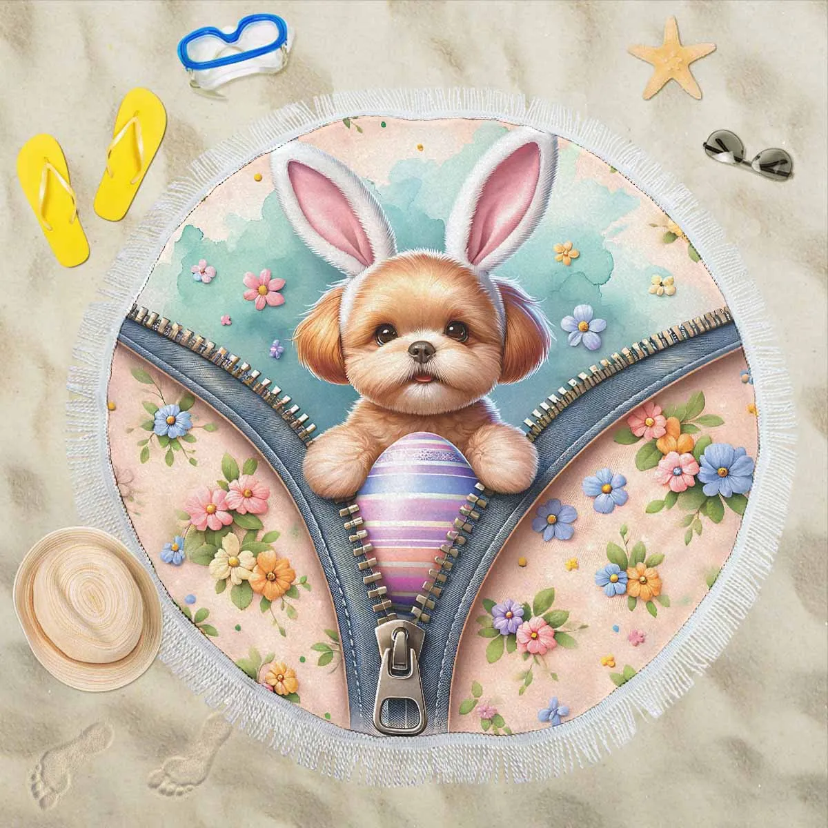 Easter Puppy Awd1309  Circular Beach Shawl 59"