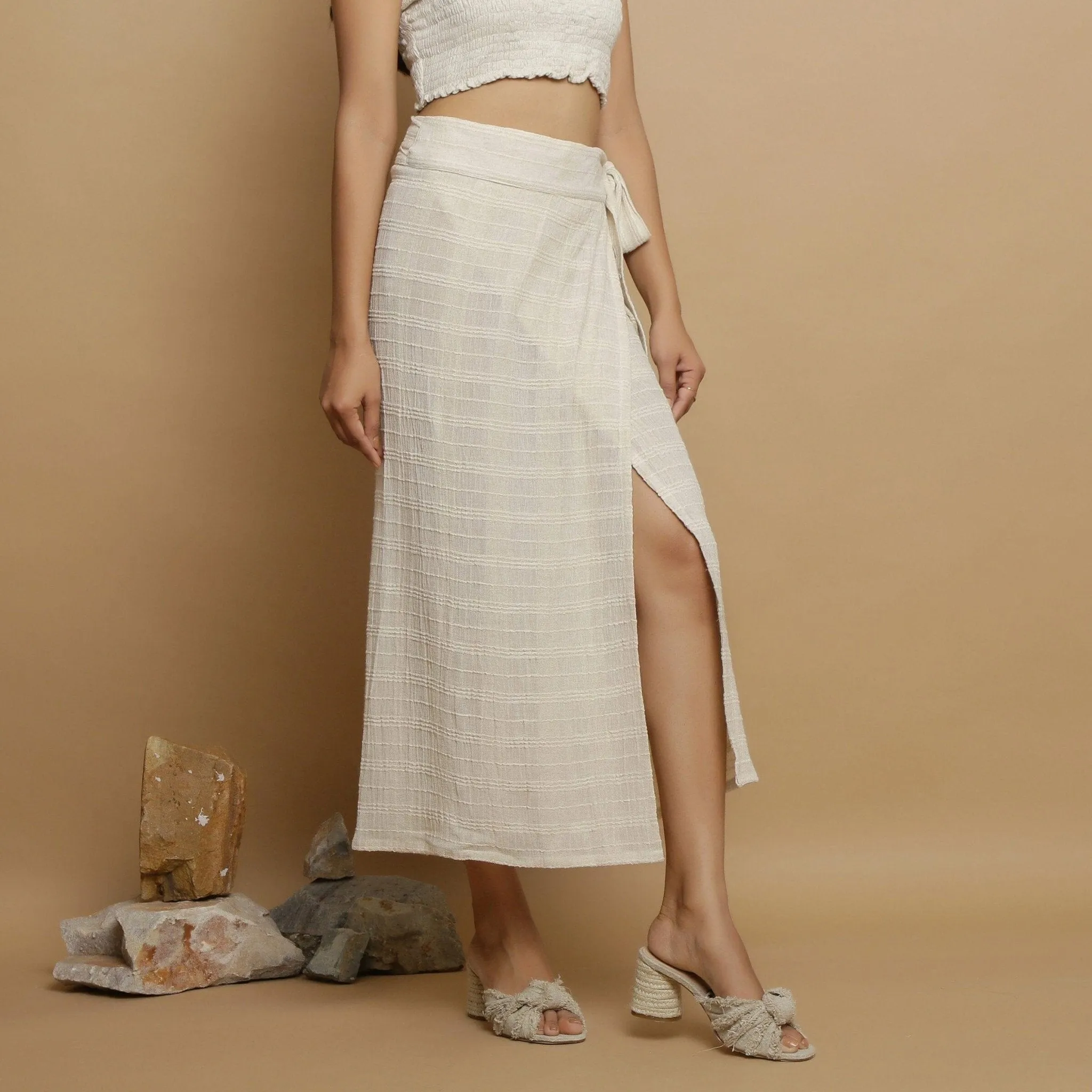 Ecru Undyed Banded Cotton Flax Maxi Wrap Skirt