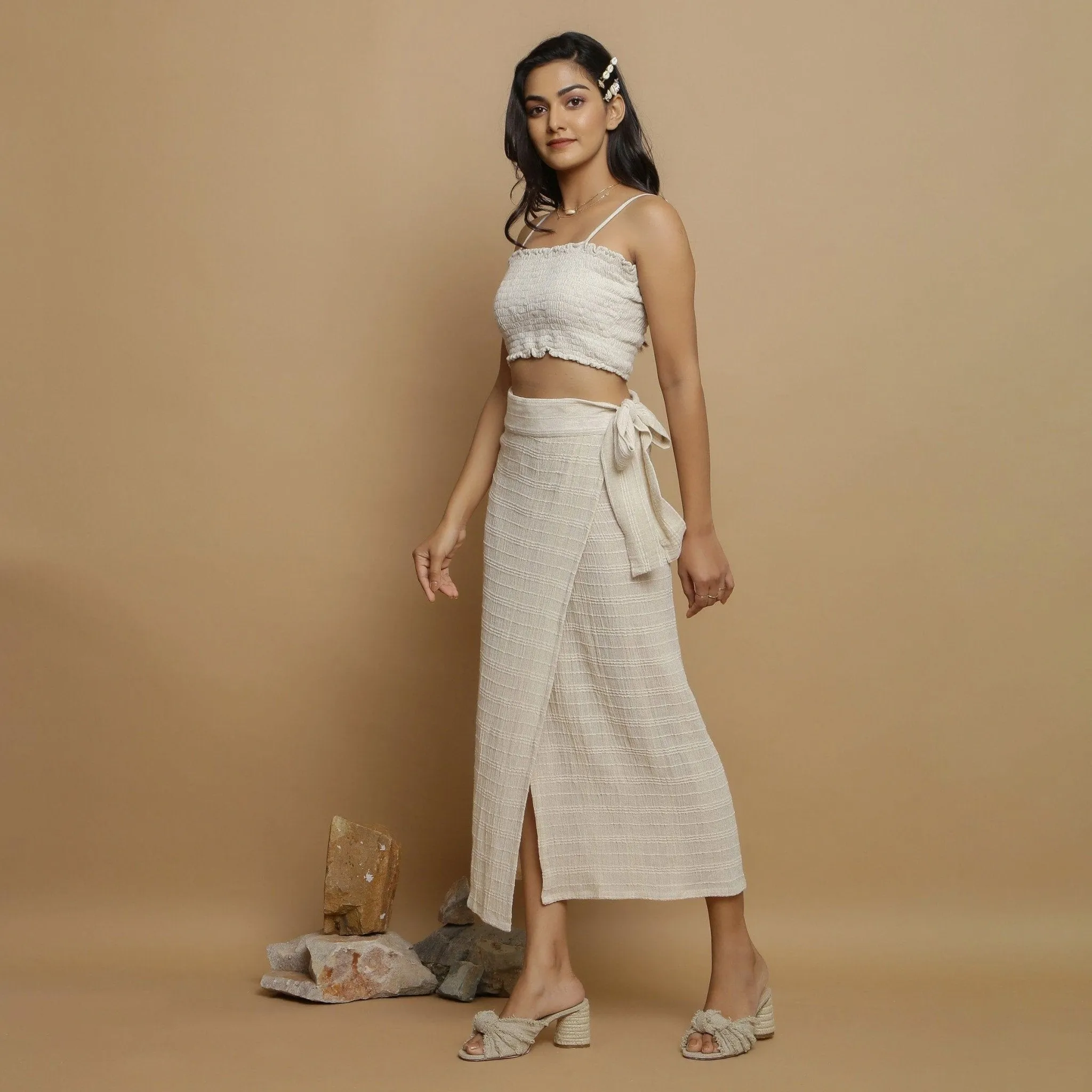 Ecru Undyed Banded Cotton Flax Maxi Wrap Skirt