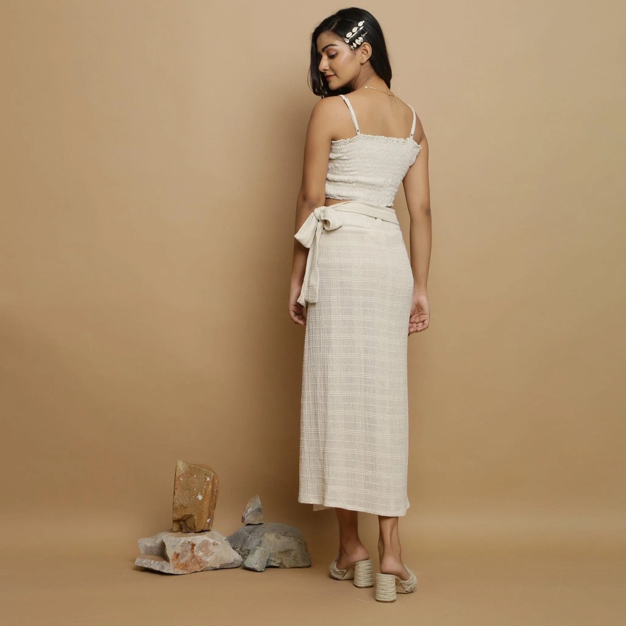 Ecru Undyed Banded Cotton Flax Maxi Wrap Skirt