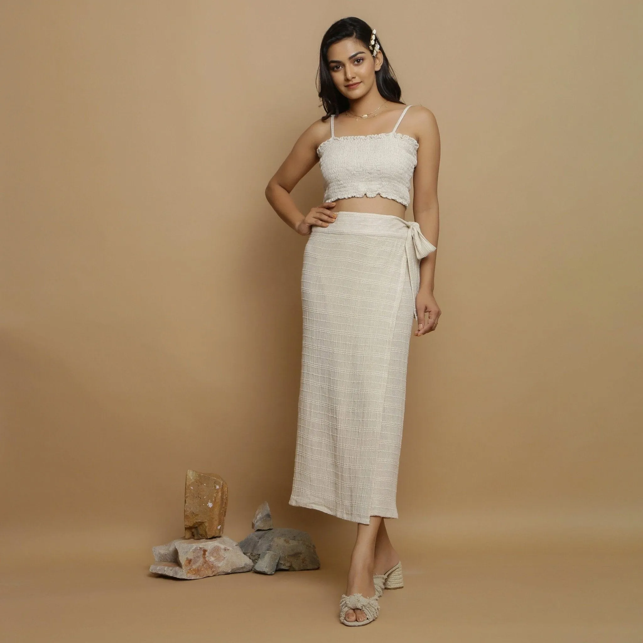 Ecru Undyed Banded Cotton Flax Maxi Wrap Skirt