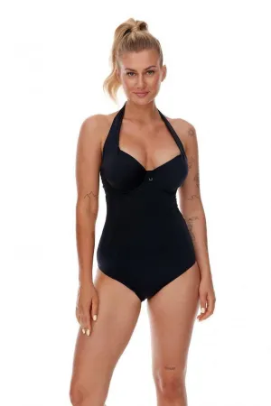Elegant Black Ruching Swimwear with Open Back and Bust-Enhancing Cups