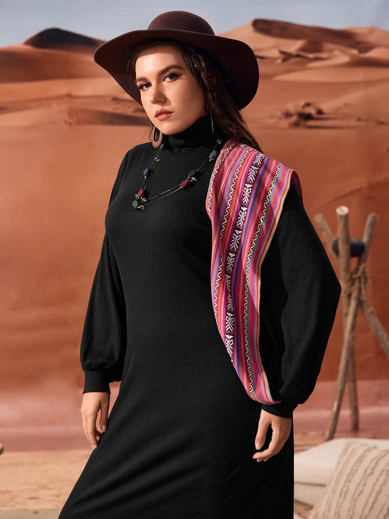 Elegant Colorblock Tape Long Sleeve Stand Collar Straight Natural Long Plus Size Dress
