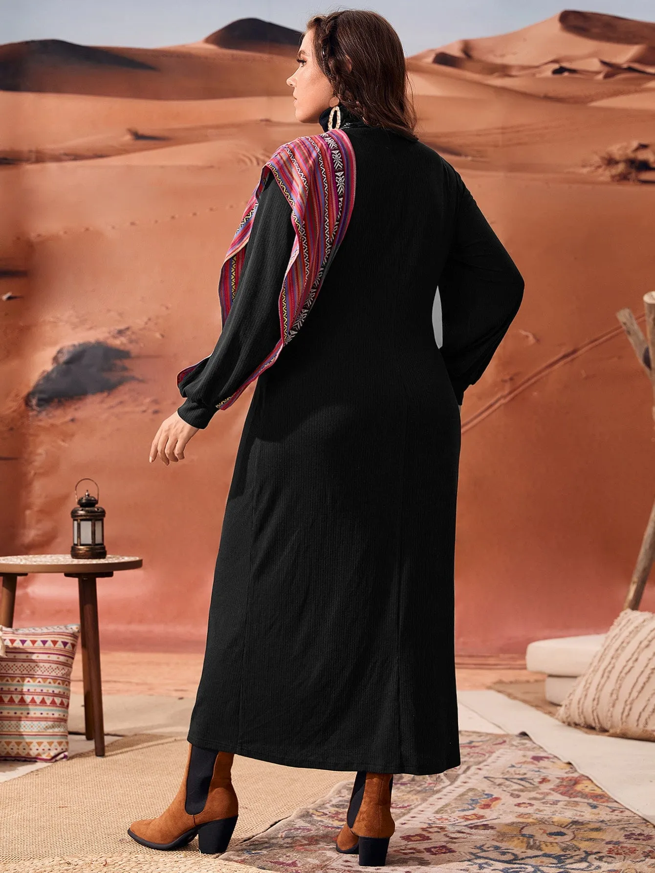 Elegant Colorblock Tape Long Sleeve Stand Collar Straight Natural Long Plus Size Dress