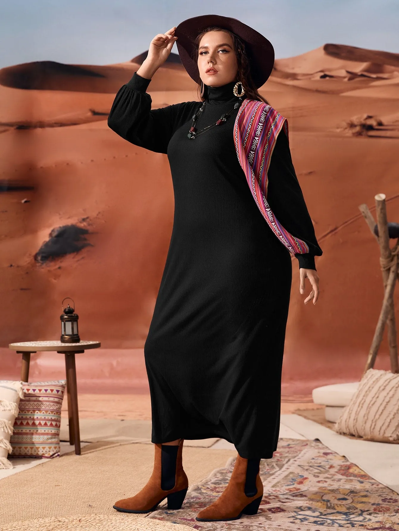 Elegant Colorblock Tape Long Sleeve Stand Collar Straight Natural Long Plus Size Dress
