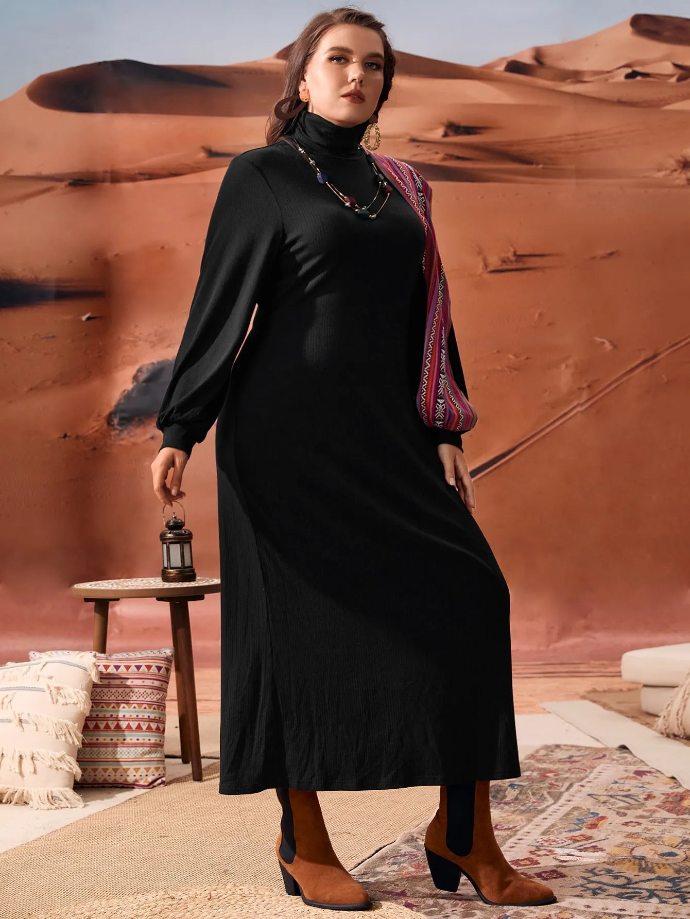 Elegant Colorblock Tape Long Sleeve Stand Collar Straight Natural Long Plus Size Dress