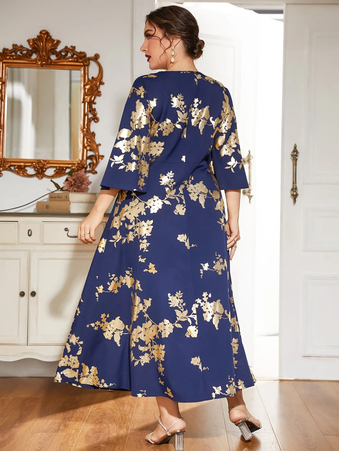 Elegant Floral Three Quarter Length Sleeve V Neck Flared High Waist Maxi Plus Size Dress