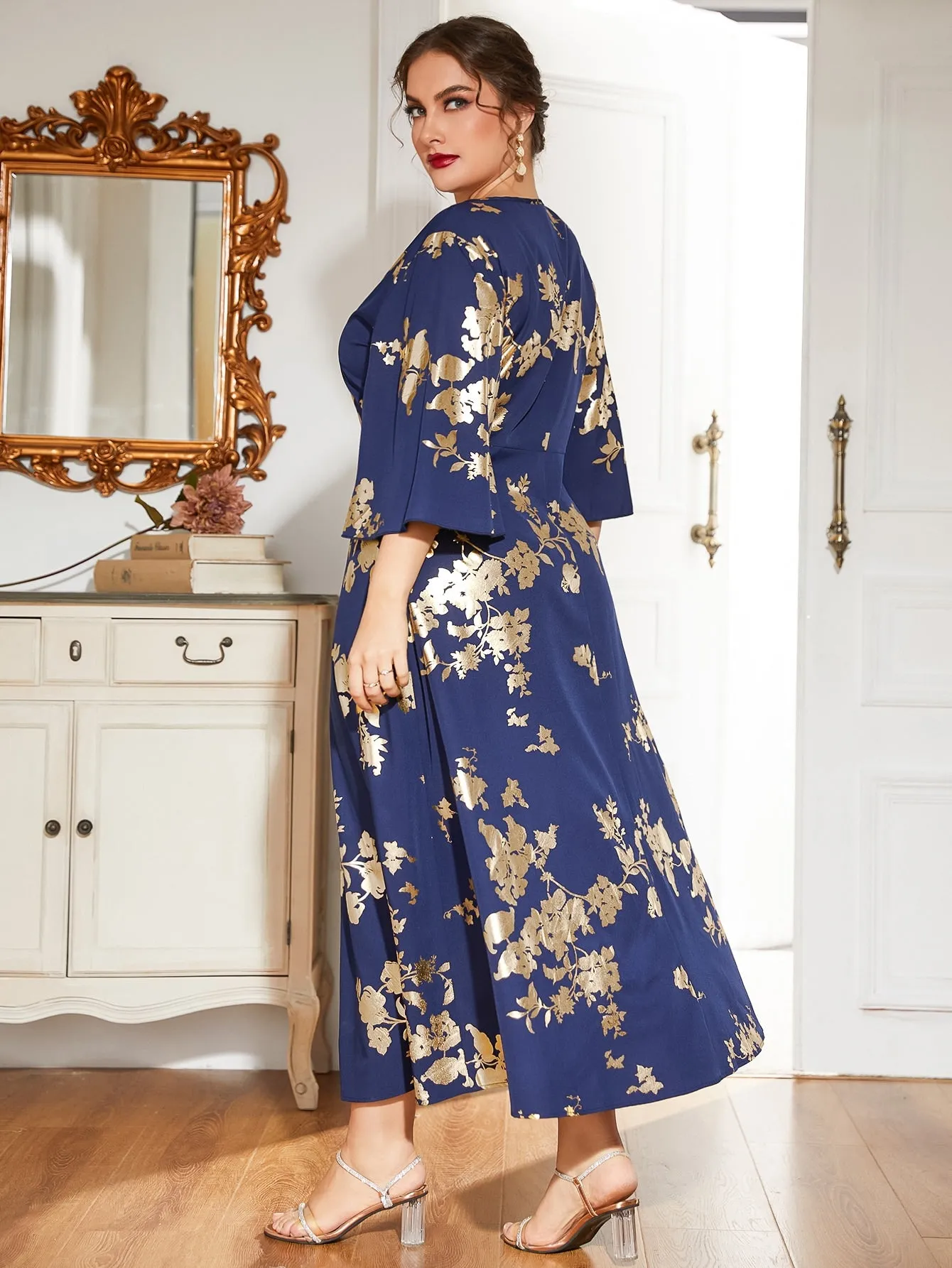 Elegant Floral Three Quarter Length Sleeve V Neck Flared High Waist Maxi Plus Size Dress
