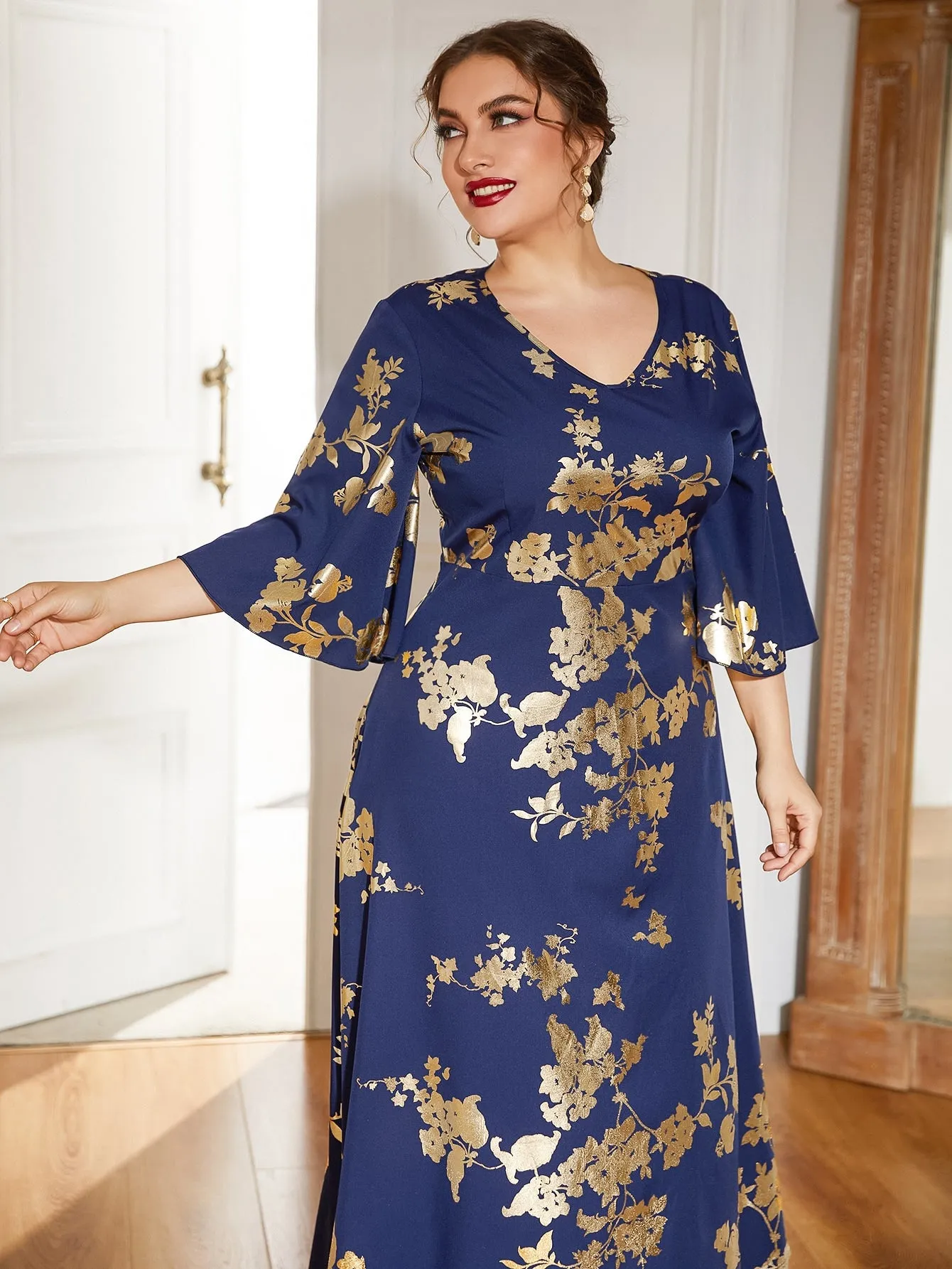 Elegant Floral Three Quarter Length Sleeve V Neck Flared High Waist Maxi Plus Size Dress
