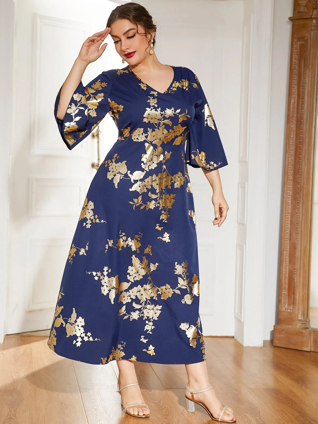 Elegant Floral Three Quarter Length Sleeve V Neck Flared High Waist Maxi Plus Size Dress