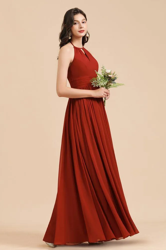 Elegant Halter Aline Chiffon Bridesmaid Dress Sleeveless Floor Length Wedding Party Dress