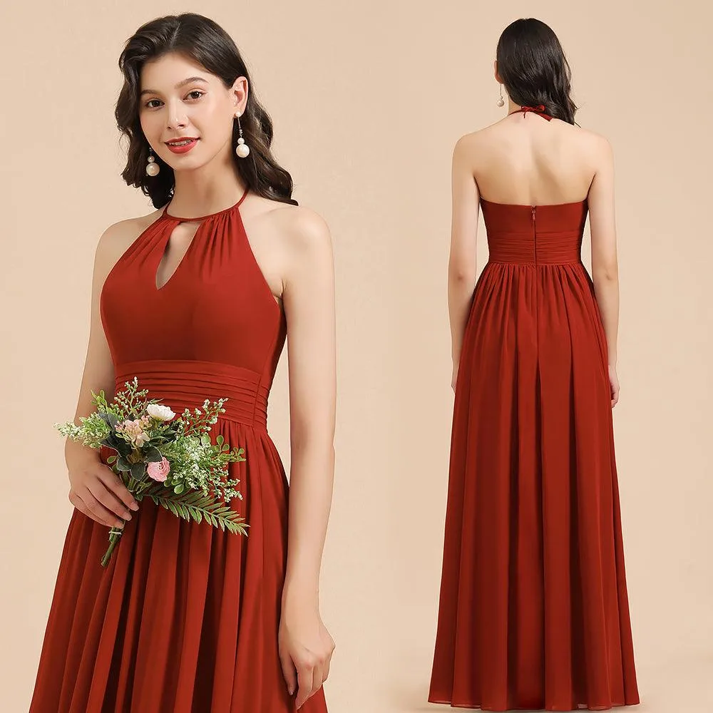 Elegant Halter Aline Chiffon Bridesmaid Dress Sleeveless Floor Length Wedding Party Dress