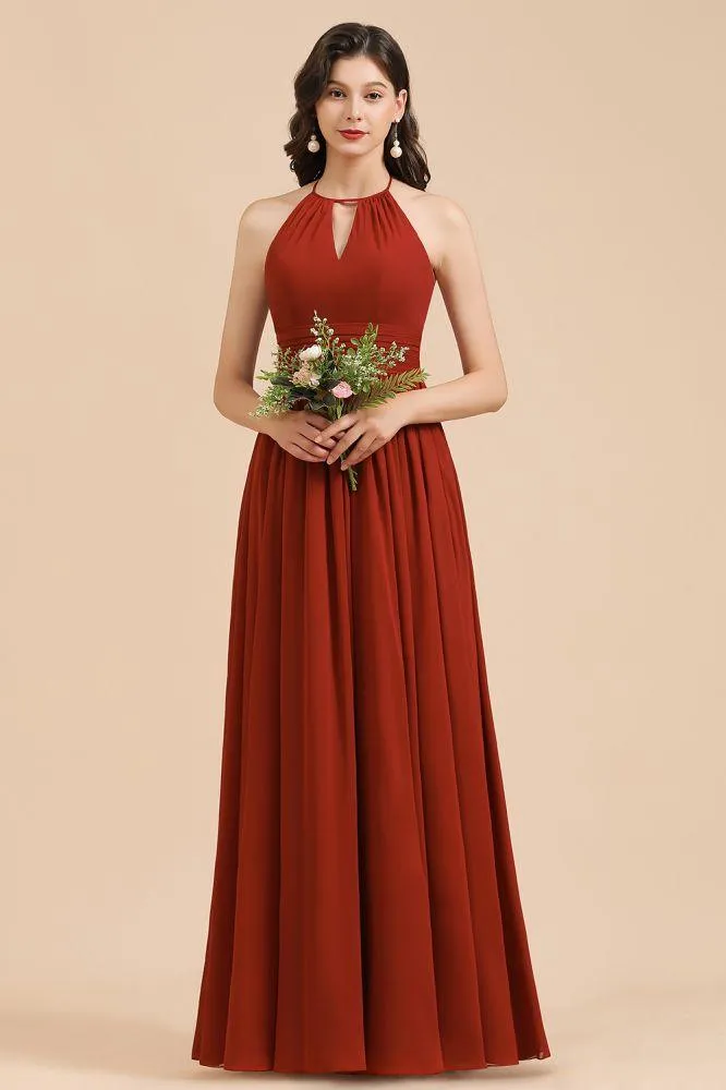 Elegant Halter Aline Chiffon Bridesmaid Dress Sleeveless Floor Length Wedding Party Dress