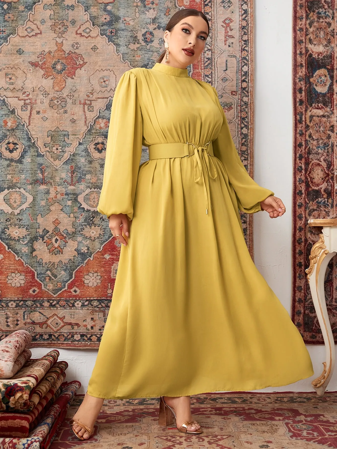 Elegant Plain Zipper Long Sleeve Stand Collar Flared High Waist Maxi Plus Size Dress