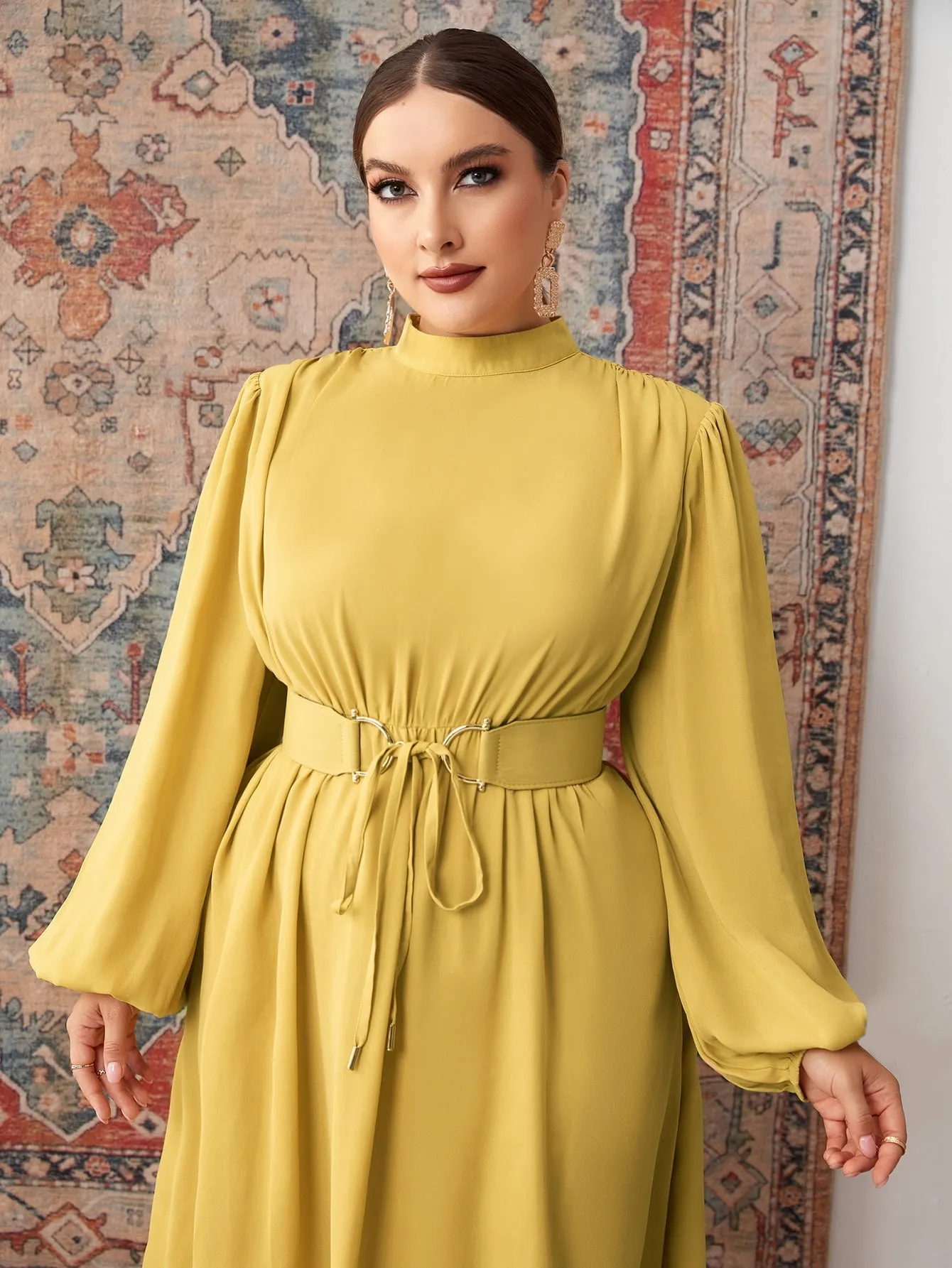 Elegant Plain Zipper Long Sleeve Stand Collar Flared High Waist Maxi Plus Size Dress