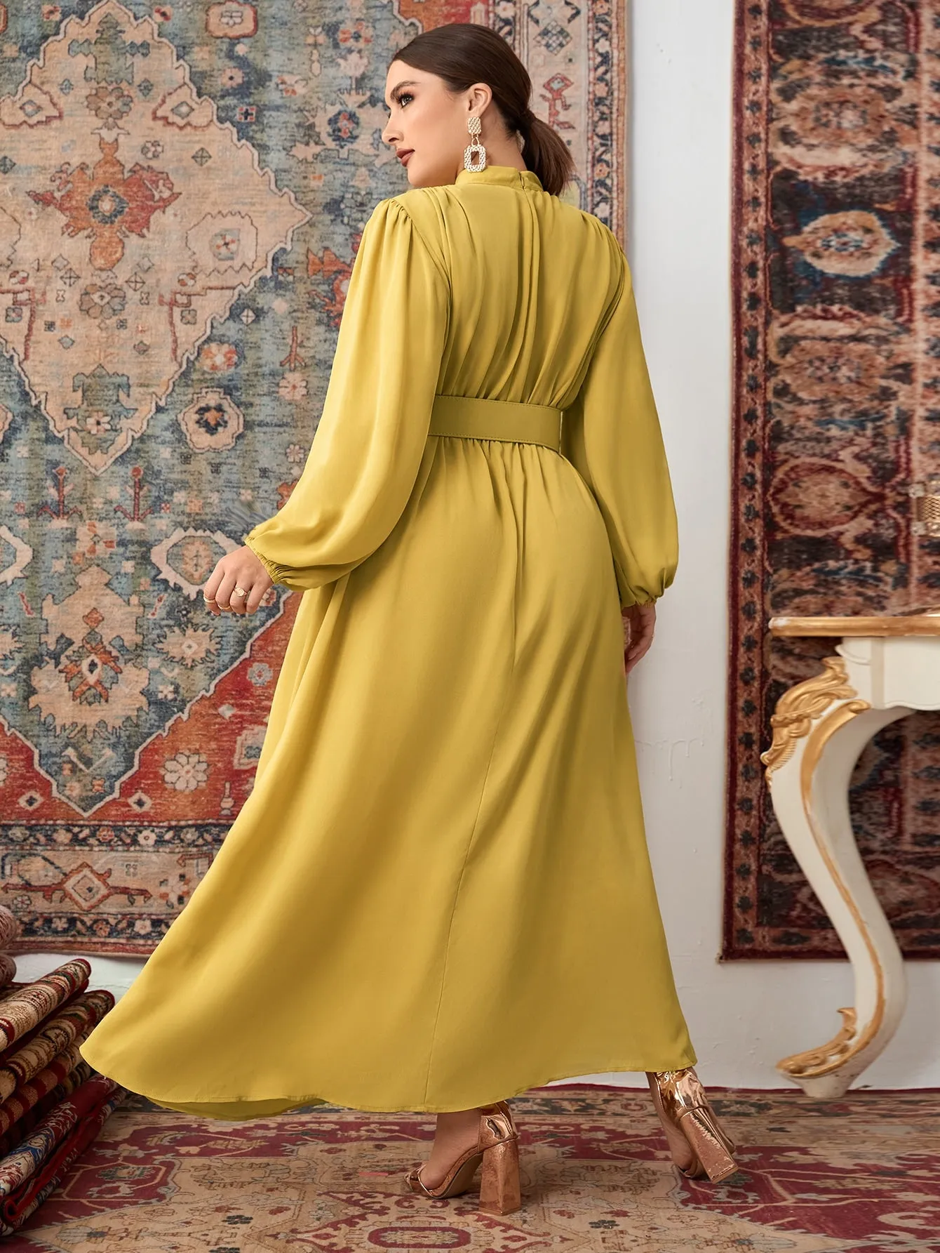 Elegant Plain Zipper Long Sleeve Stand Collar Flared High Waist Maxi Plus Size Dress