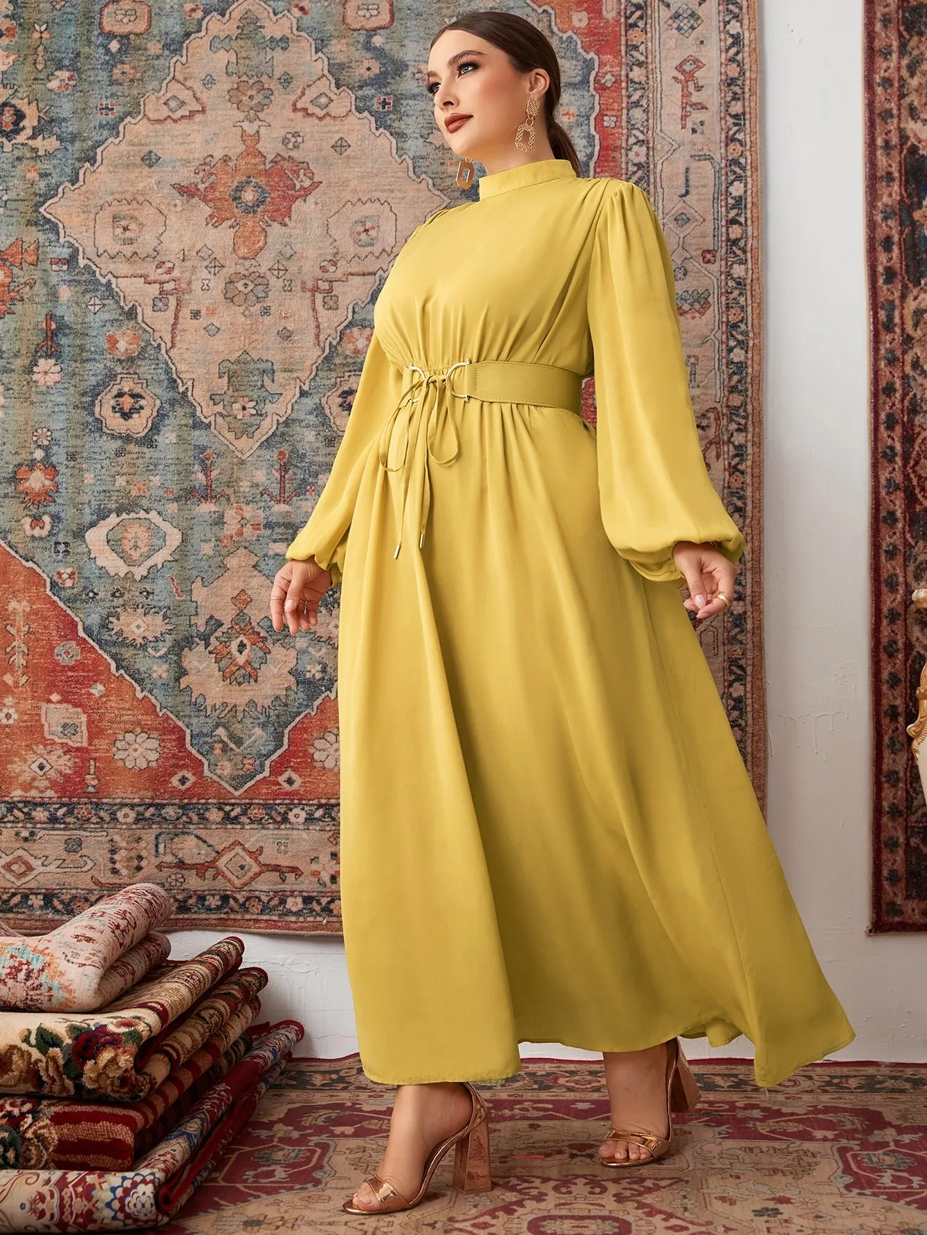 Elegant Plain Zipper Long Sleeve Stand Collar Flared High Waist Maxi Plus Size Dress