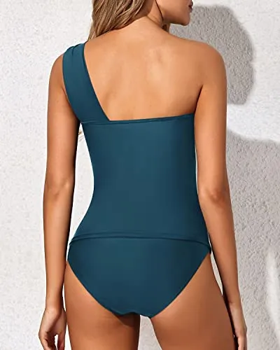 Elegant Two Piece One Shoulder Swim Top Shorts-Teal