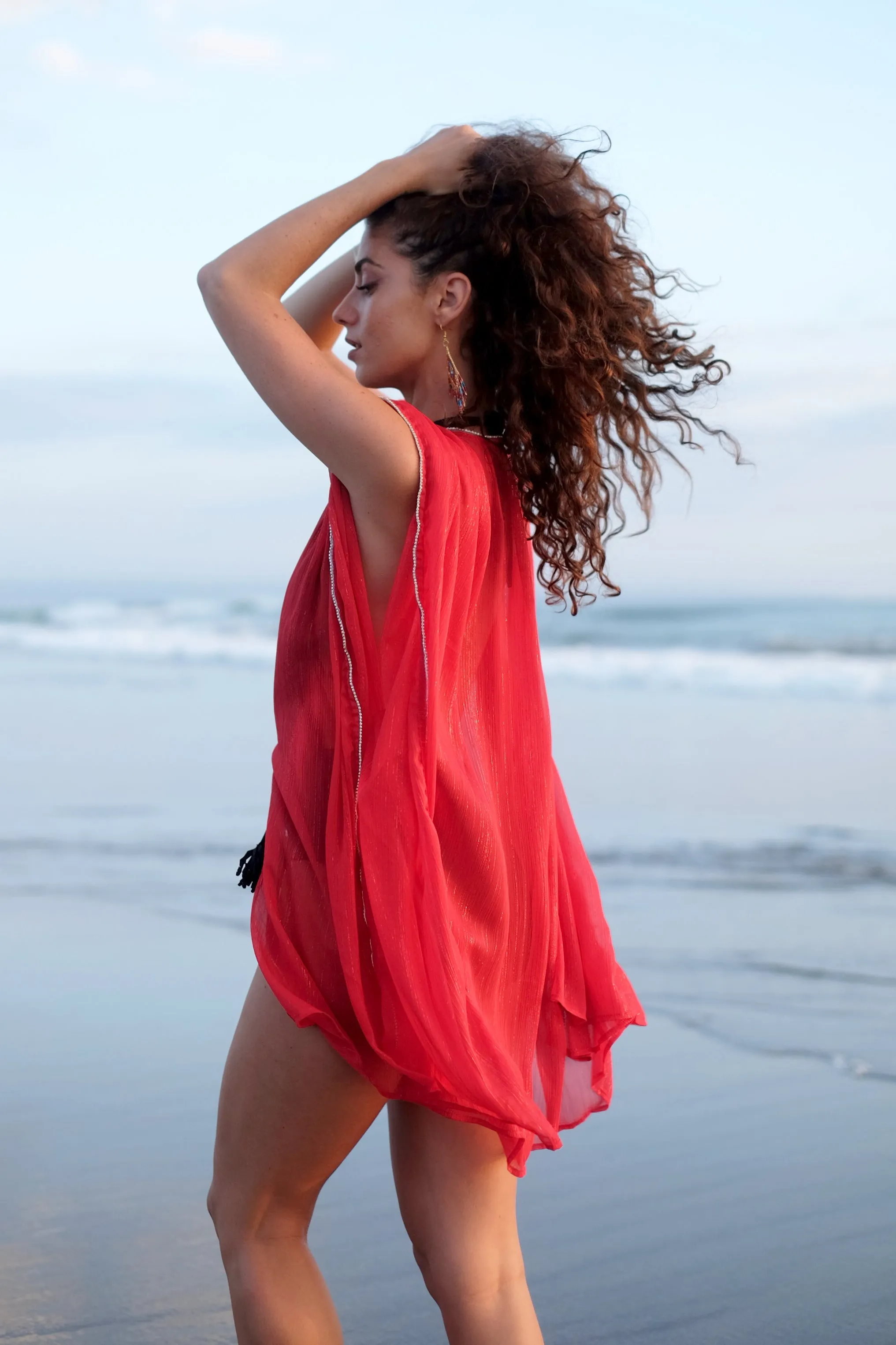 Elysia Red Lurex Kaftan with Rhinestones