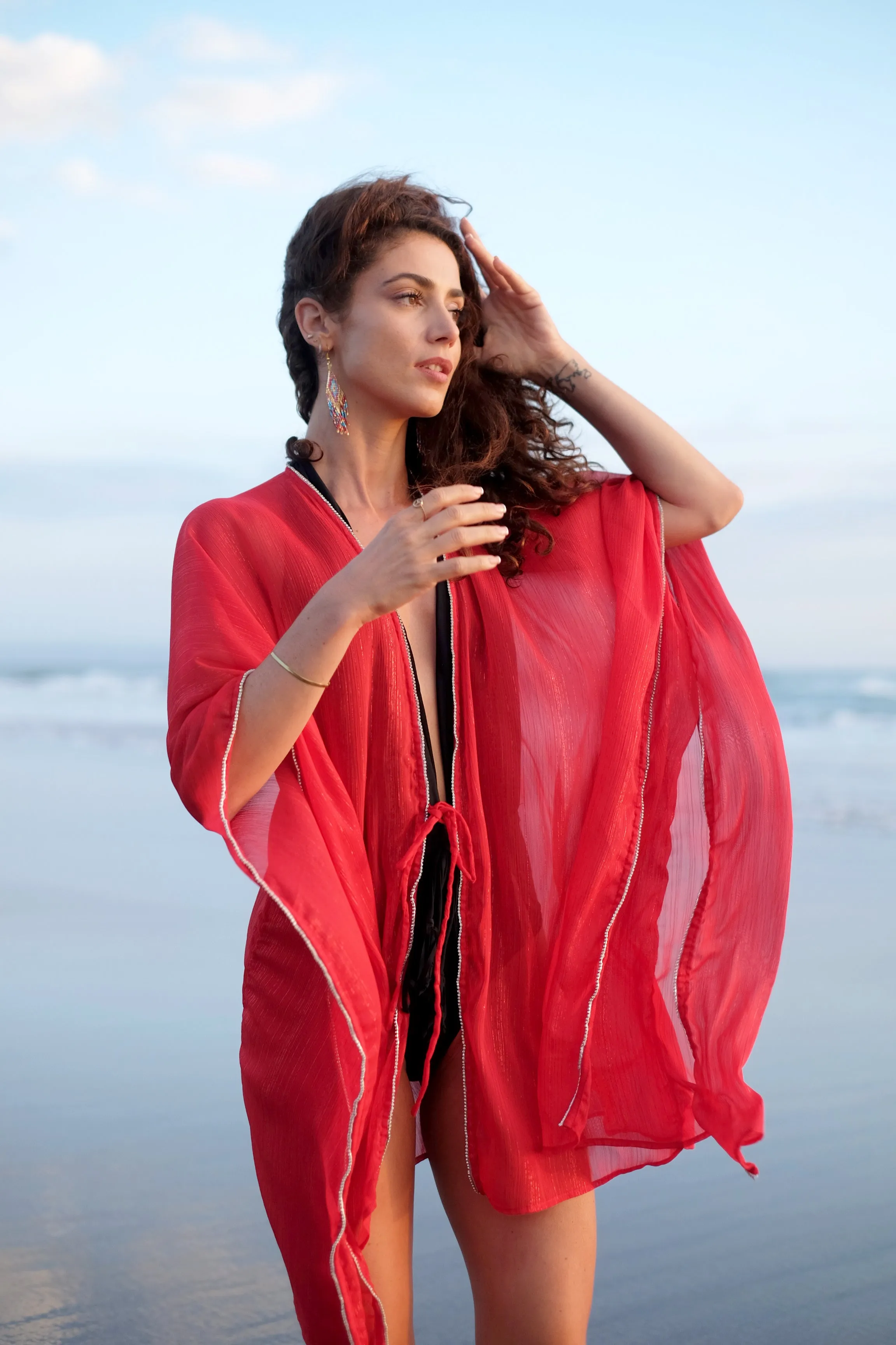 Elysia Red Lurex Kaftan with Rhinestones