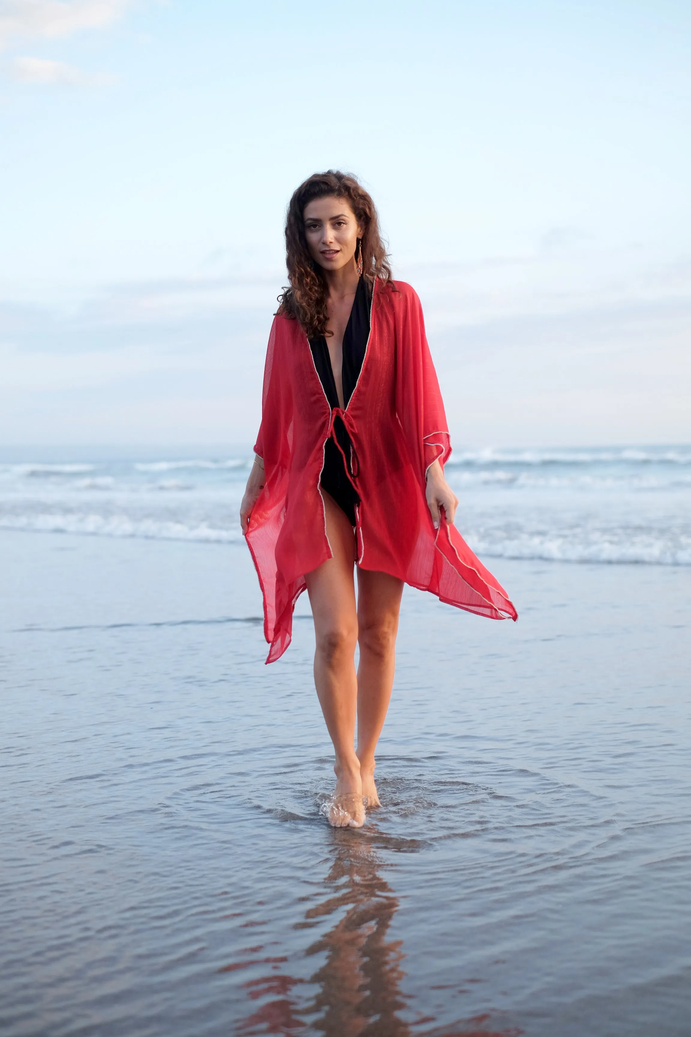 Elysia Red Lurex Kaftan with Rhinestones